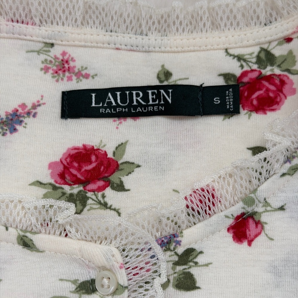 Lauren Ralph Lauren Cream Floral Rose Cotton Pajama Set-Romantic Sleepwear-S - Picture 10 of 16
